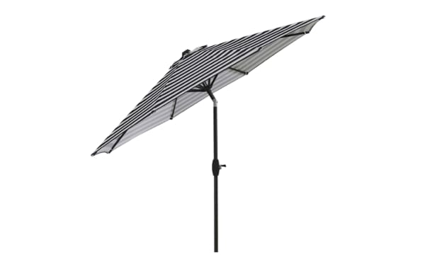 Kiley 9' black striped outdoor market umbrella with polyester fabric canopy, steel pole, crank open, 360° rotation, and tilt for versatile shade.
