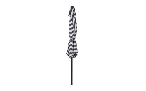 Kiley 9' black striped outdoor market umbrella with polyester fabric canopy, steel pole, and high-density plastic parts. Features a transitional style, 360-degree rotation, tilt, crank system, UV durable and water-resistant fabric.