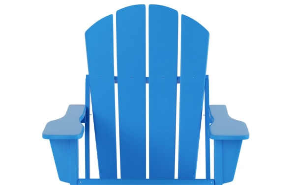 Clovie Blue Folding Outdoor Adirondack Chair in high-density plastic, transitional style with wide slatted back and armrests for comfortable outdoor seating.