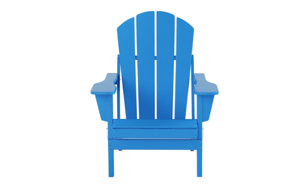 Transitional Clovie Blue Folding Outdoor Adirondack Chair made of high-density plastic with oversized frame, wide armrests, and slatted back for comfort and storage.