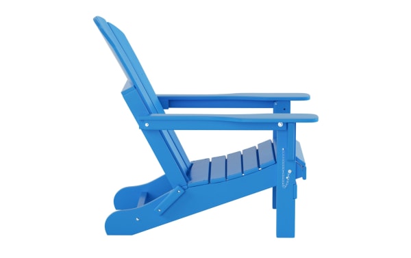 Clovie Blue Folding Outdoor Adirondack Chair in high-density plastic with oversized frame, transitional style, and bright blue finish for comfortable outdoor seating.