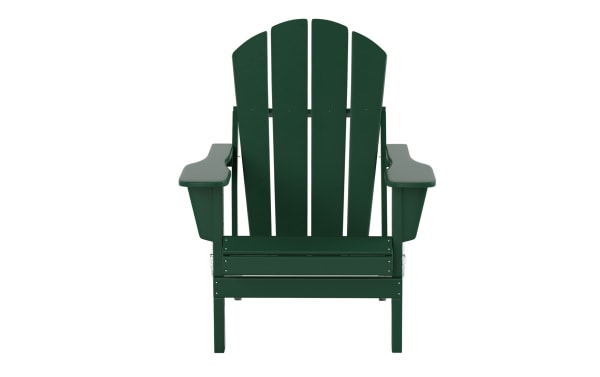 Clovie Green Folding Outdoor Adirondack Chair in high-density plastic with oversized frame, wide armrests, and traditional transitional style for outdoor use.