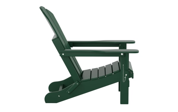 Clovie Green Folding Outdoor Adirondack Chair in high-density plastic, transitional style with oversized frame and slatted seat for comfortable outdoor seating.