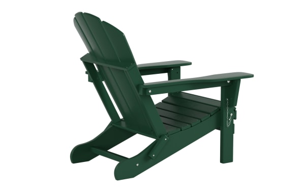 Clovie Green Folding Outdoor Adirondack Chair in high-density plastic with oversized frame, transitional style, and dark green finish for outdoor relaxation.
