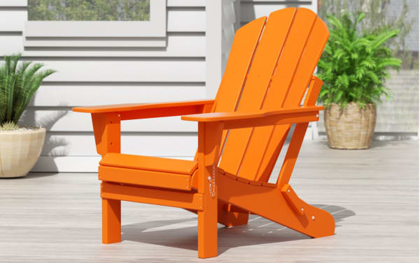 Clovie Orange Folding Outdoor Adirondack Chair in high-density plastic with oversized frame, transitional style, bright orange finish, and folding feature for easy storage.