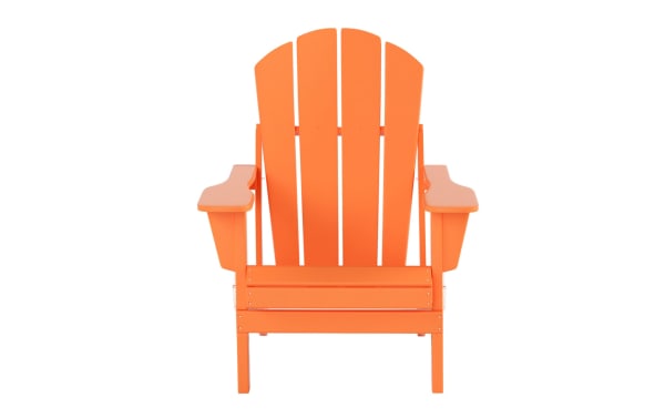 Clovie Orange Folding Outdoor Adirondack Chair in high-density plastic, transitional style with wide armrests and slatted back for comfortable outdoor seating.