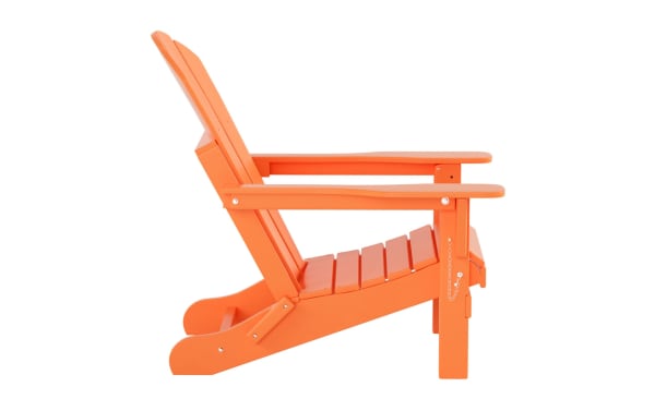 Clovie Orange Folding Outdoor Adirondack Chair in high-density plastic, featuring a traditional transitional style with an oversized frame and folding design for easy storage.
