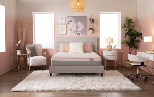 Contemporary Affinity Hybrid 10'' Full Cushion Firm Mattress with quilted knit cover, memory foam, gel-infused layers, and Bob-O-Pedic lumbar support in gray fabric.