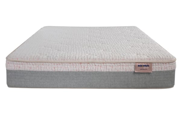 Affinity Hybrid 10'' Twin Cushion Firm Mattress with quilted knit cover, gray fabric base, and Bob-O-Pedic memory foam for firm, breathable support.
