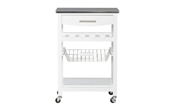 Ophelia White Kitchen Cart with stainless steel top, solid pine frame, pull-out wire basket, bottle racks, drawer, bottom shelf, and casters.