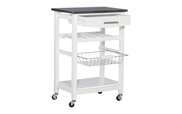 Ophelia transitional kitchen cart with white solid pine frame, stainless steel top, pull-out wire basket, four bottle racks, bottom shelf, drawer, and caster wheels for mobility.