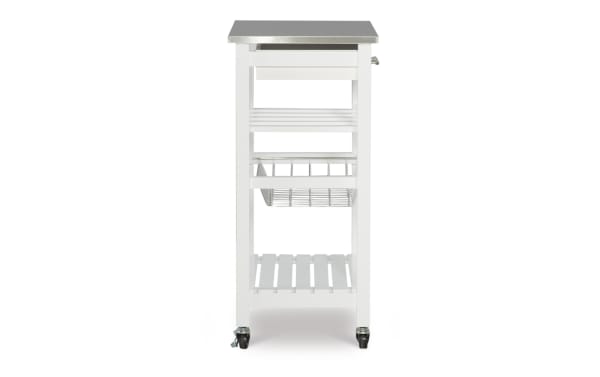 Ophelia White Kitchen Cart with stainless steel top, solid pine frame, pull-out wire basket, drawer, bottle racks, and casters in transitional style.