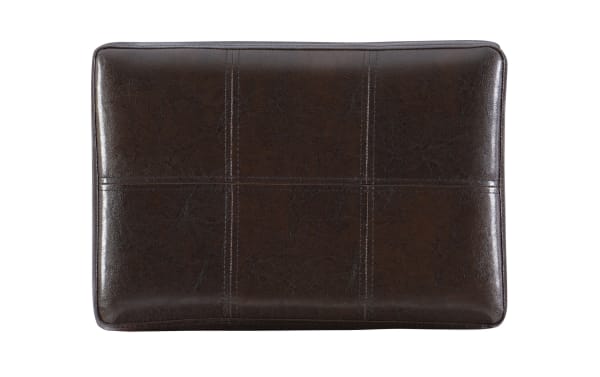Backless Cielo brown faux leather counter height stool with deep brown polyurethane upholstery, double needle stitching, and transitional style seat.