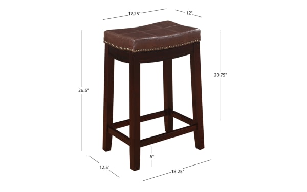 Cielo Brown Faux Leather Backless Counter Stool with rubberwood frame, deep brown polyurethane seat, antique brass nailhead trim, and transitional style.