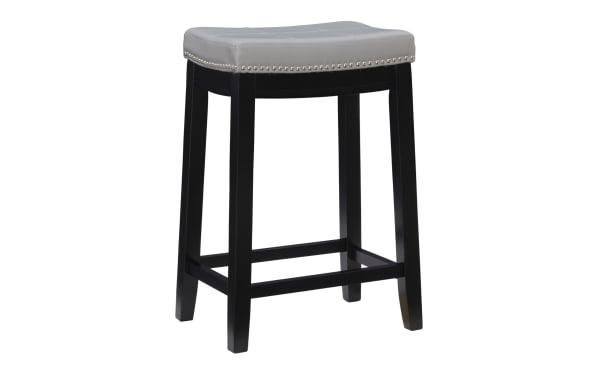 Cielo Gray faux leather backless counter height stool with gray polyurethane seat, silver nailhead trim, and black rubberwood frame in transitional style.