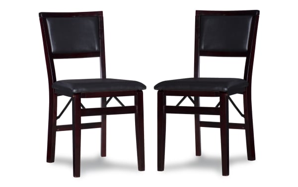 Set of 2 Kingsley Espresso folding dining chairs with brown rubberwood frame and padded faux leather upholstery, transitional style for small spaces.