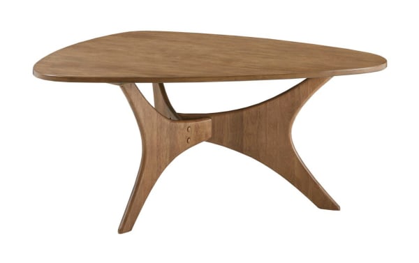 Derby Natural Solid Wood Coffee Table with mid-century modern triangular top and unique cross base in natural elm wood finish.