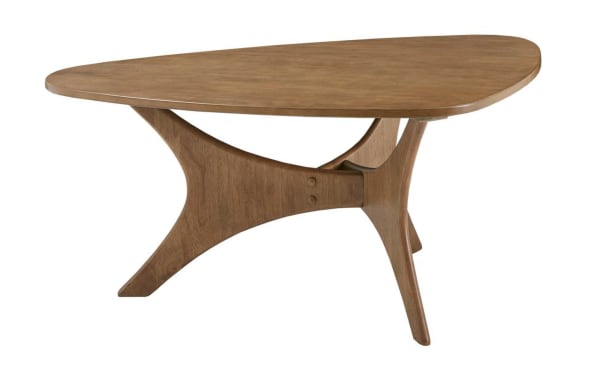 Derby Natural Solid Wood Coffee Table with triangular top and unique cross base, mid-century modern style in natural elm wood finish.