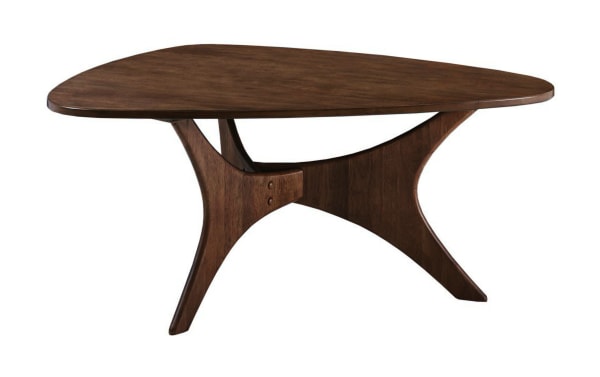 Derby Pecan Solid Wood Coffee Table with triangular top and unique cross base, mid-century modern style, birch veneers, natural elm finish.