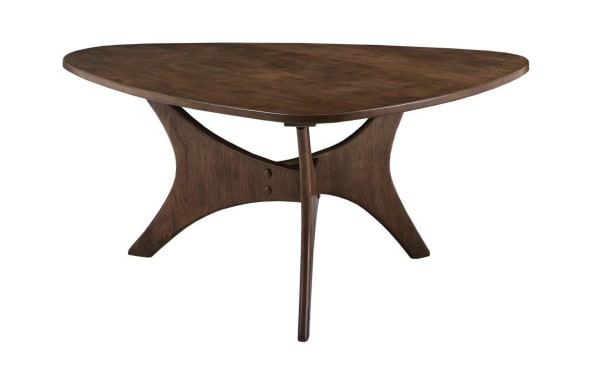 Derby Pecan solid wood coffee table with mid-century modern style, triangular birch veneer top, and unique cross base in natural elm finish.