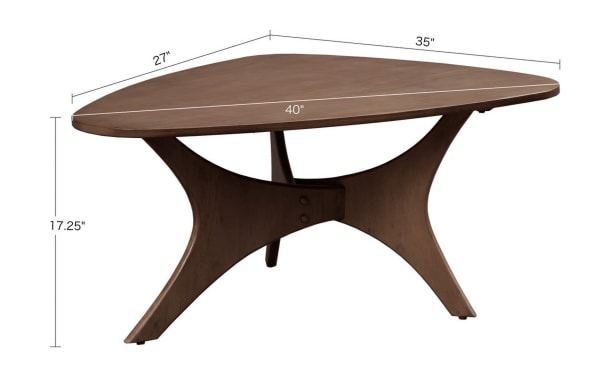 Derby Pecan solid wood coffee table with mid-century modern style, triangular birch veneer top, cross base, and natural elm finish, 40" wide.