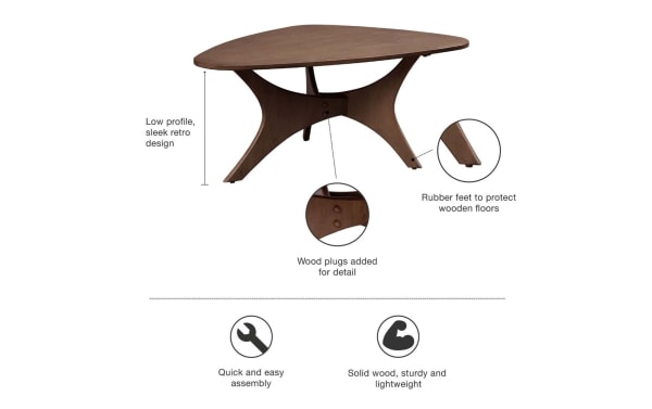 Derby Pecan Solid Wood Coffee Table with mid-century modern triangular top, cross base, birch veneer, natural elm finish, rubber feet, wood plugs.