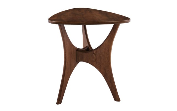 Derby Pecan Solid Wood End Table with triangular top and unique cross base, mid-century modern style, birch veneers, natural elm finish.