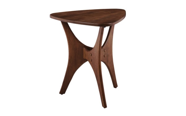 Derby Pecan solid wood end table with triangular top and unique cross base, mid-century modern style in natural elm finish with birch veneers.