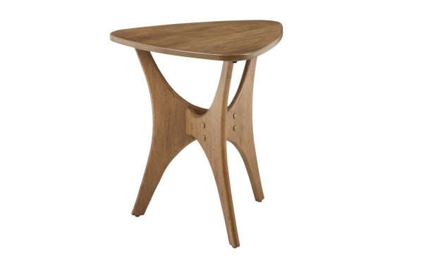 Derby Natural Solid Wood End Table with triangular top and unique cross base, mid-century modern style in natural elm wood finish.