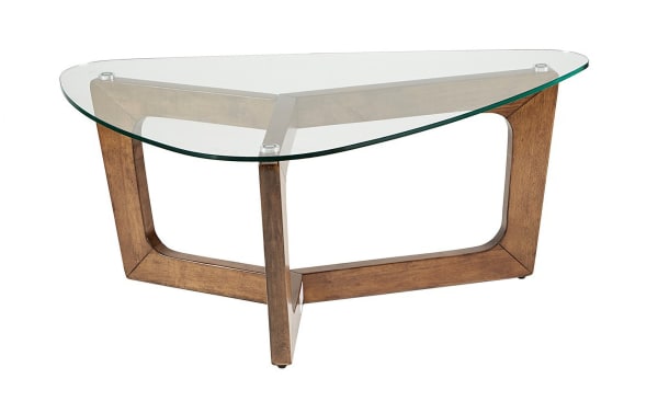 Santiago Pecan Solid Wood Coffee Table with warm pecan finish, tempered glass triangular top, mid-century modern style, open wood frame design.