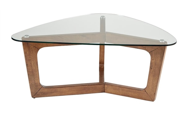 Mid-century modern Santiago Pecan coffee table with warm solid wood frame and triangular tempered glass top for a stylish living room centerpiece.