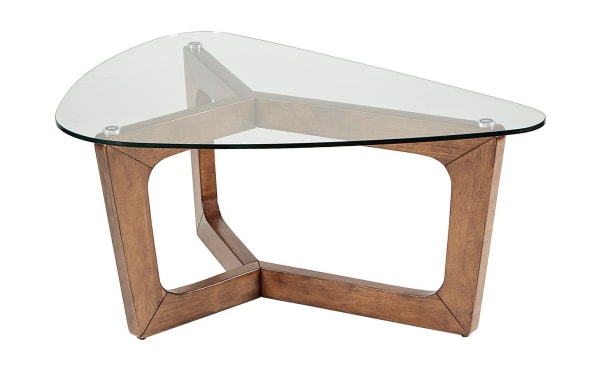 Santiago Pecan solid wood coffee table with warm pecan finish and triangular tempered glass top, mid-century modern style for living rooms.