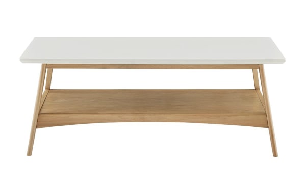 Marcie Natural Solid Wood Coffee Table with off-white manufactured wood top, solid wood frame, bottom shelf, mid-century modern style.