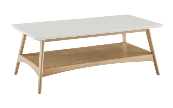 Mid-century modern Marcie Natural Solid Wood Coffee Table with off-white manufactured wood top, solid wood frame, and lower storage shelf.