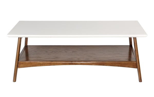 Mid-century modern Marcie Pecan Coffee Table with off-white manufactured wood top, solid wood frame, and lower pecan-finish storage shelf.