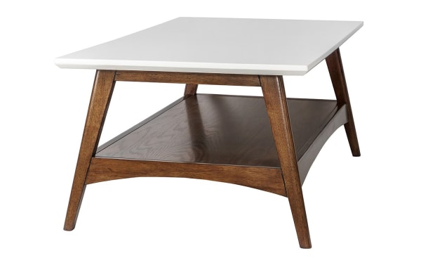 Mid-century modern Marcie Pecan Coffee Table with off-white manufactured wood top, solid pecan wood frame, and lower storage shelf.