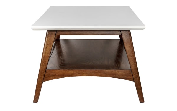 Mid-century modern Marcie Pecan Coffee Table with off-white manufactured wood top, solid wood pecan frame, and lower storage shelf.