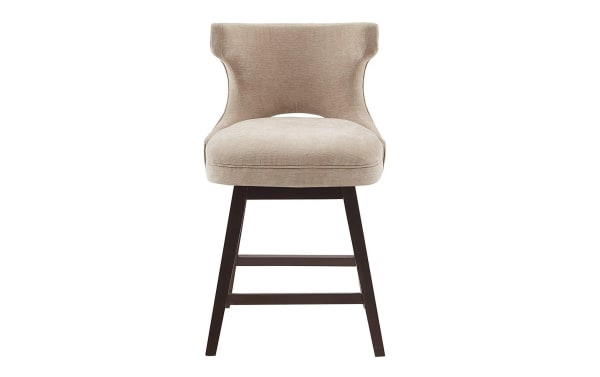 Kaya Beige Upholstered Counter Height Swivel Stool with solid wood legs, beige fabric seat, low back, and transitional style for kitchen or dining.