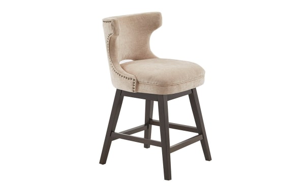 Kaya Beige Upholstered Counter Height Swivel Stool with solid wood legs, beige fabric, low back, pewter nailhead trim, and transitional style.