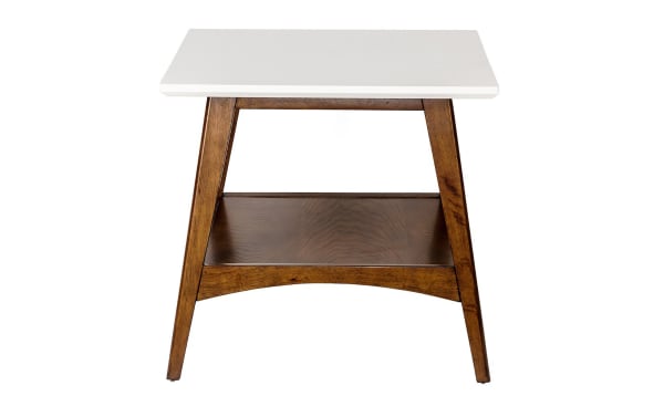 Marcie Pecan End Table from Marcie collection, mid-century modern MDF table with off-white top and warm pecan wood frame, featuring a lower shelf for storage.