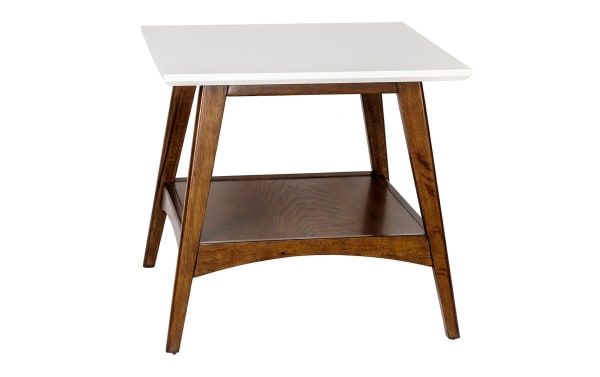 Marcie Pecan End Table with off-white MDF top, mid-century modern style, and warm pecan wood frame with lower shelf for storage.