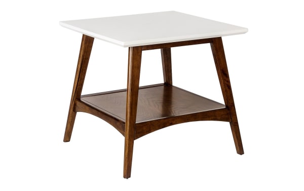 Marcie Pecan End Table with off-white MDF top and mid-century modern pecan wood frame, featuring tapered legs and lower shelf for storage.