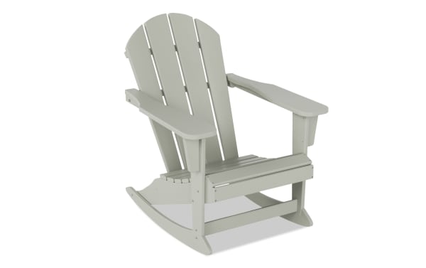 Outdoor Sand Rocking Adirondack Chair in white high-density plastic with classic slatted back, wide armrests, and curved rocker base for rustic outdoor seating.