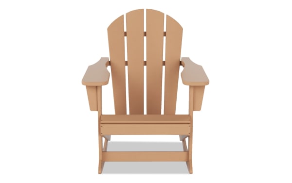 Outdoor Brown Rocking Adirondack Chair in brown high-density plastic with a transitional style, featuring wide armrests and a curved slatted back for rustic outdoor seating.