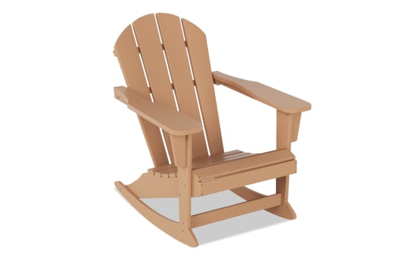Transitional outdoor brown Adirondack rocking chair made of high-density plastic with wide armrests and slatted back, ideal for rustic outdoor spaces.