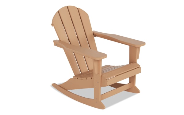 Outdoor Brown Rocking Adirondack Chair in high-density brown plastic with wide armrests and slatted back, perfect for rustic transitional outdoor decor.