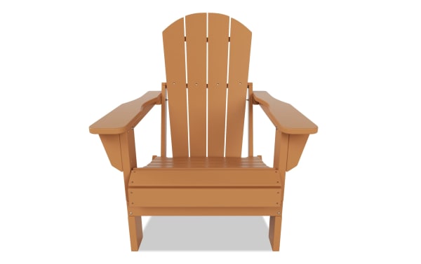 Outdoor Brown Folding Adirondack Chair in high-density brown plastic with a transitional style, featuring wide armrests and a slatted back.
