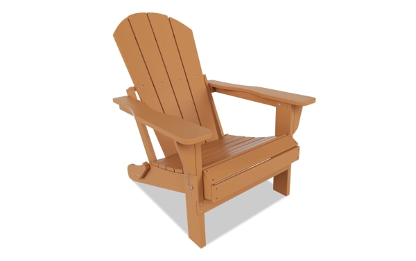 Outdoor Brown Folding Adirondack Chair in high-density brown plastic with transitional style, featuring wide armrests and a slatted back, foldable for easy storage.