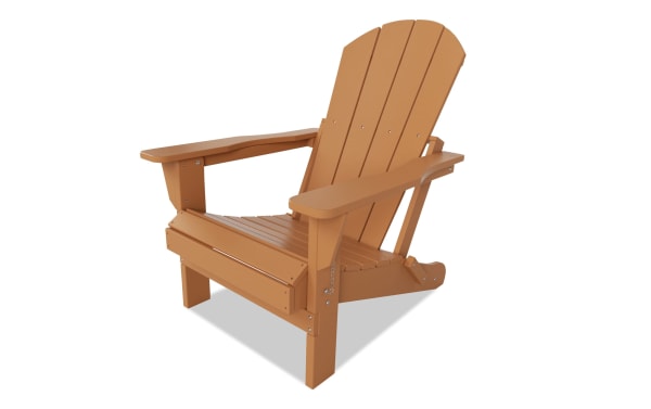 Outdoor brown folding Adirondack chair made of high-density plastic with a transitional style, featuring wide armrests and slatted back for mountain-inspired comfort.
