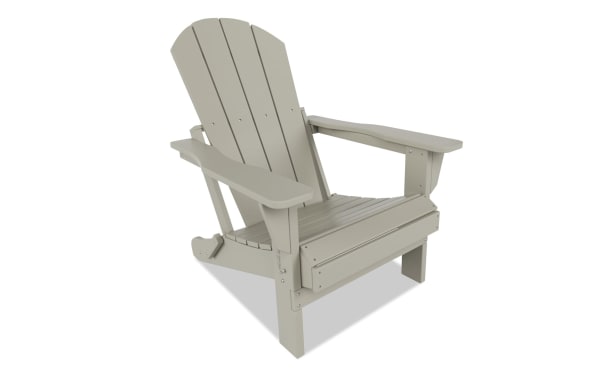 Outdoor Sand Folding Adirondack Chair in white high-density plastic with a transitional style, featuring a slatted back and seat, wide armrests, and foldable design for easy storage.